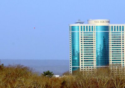 Full side view of Fox Tower at Foxwoods Resort Casino, Mashantucket, Connecticut