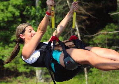 Close-up of rider landing on HighFlyer Zipline at Foxwoods Resort Casino, Connecticut