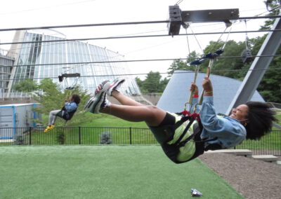 HighFlyer Zipline rider landing at speed at Foxwoods Resort Casino, Connecticut