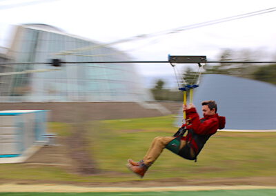 HighFlyer Zipline rider at full speed at Foxwoods Resort Casino, Connecticut